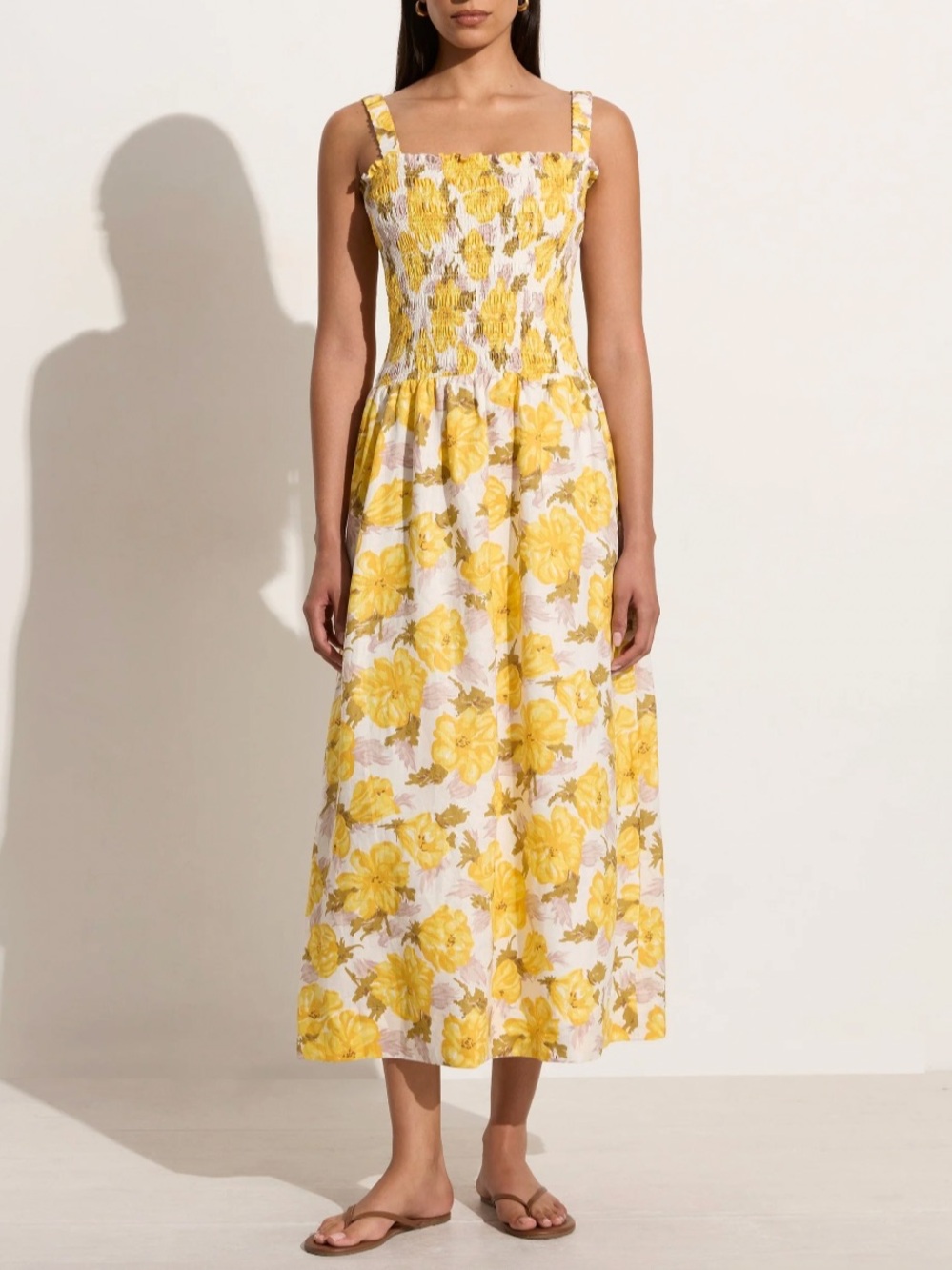 Faithfull the Brand Messina Midi Dress Yellow Floral 100% Linen